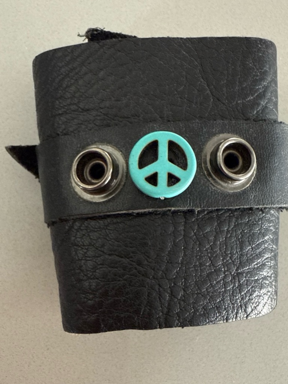 Black Leather Handmade Cuff Bracelet w/ Turquoise Peace Charm Artisan Minimalist